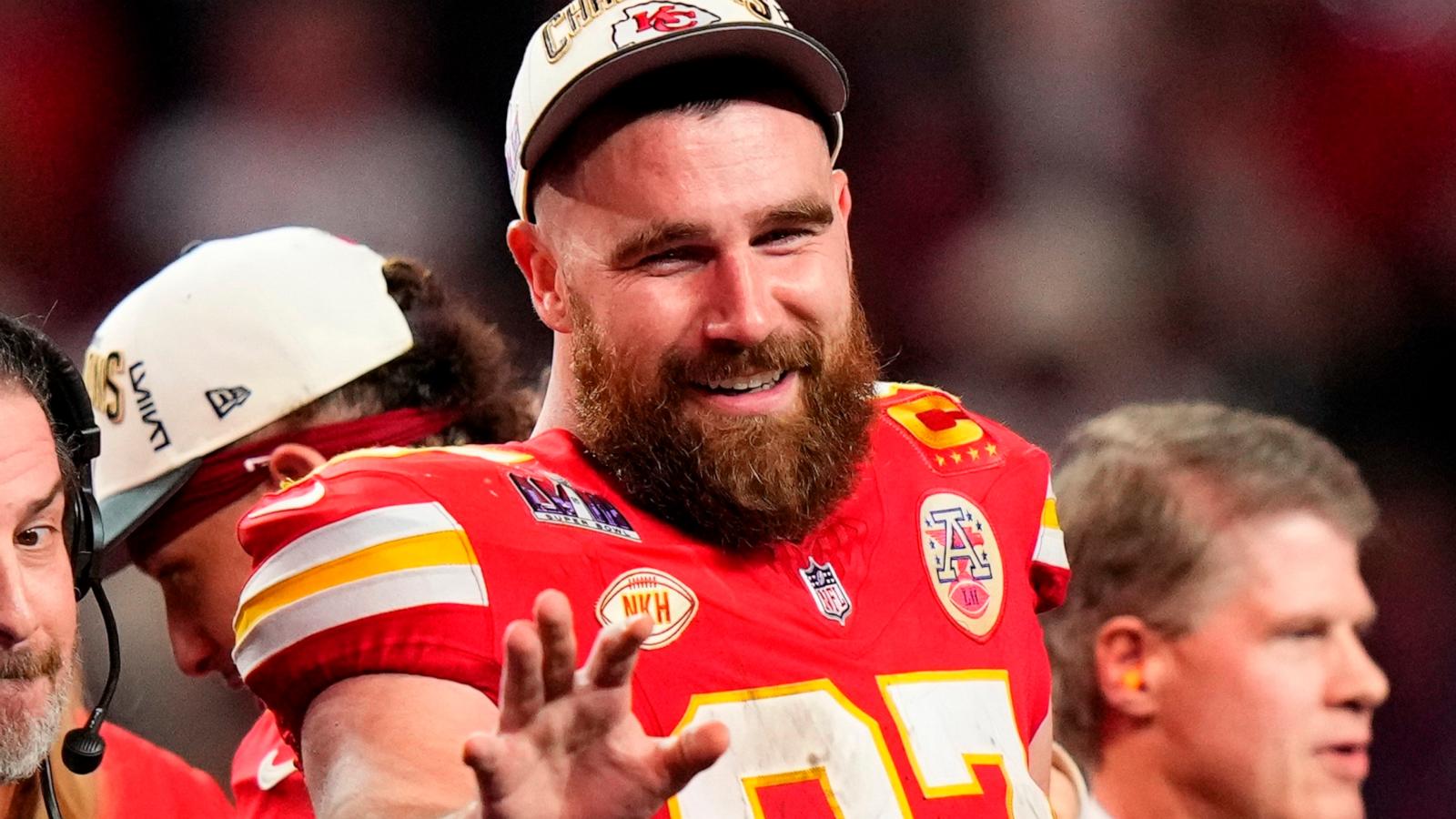 PHOTO: Kansas City Chiefs tight end Travis Kelce waves after the NFL Super Bowl LVIII, Feb. 11, 2024, in Las Vegas.