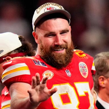 PHOTO: Kansas City Chiefs tight end Travis Kelce waves after the NFL Super Bowl LVIII, Feb. 11, 2024, in Las Vegas. 
