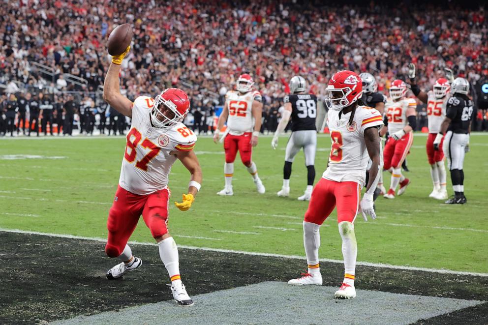 PHOTO: Travis Kelce of the Kansas City Chiefs spikes the football in the end zone, Oct. 27, 2024 in Las Vegas.