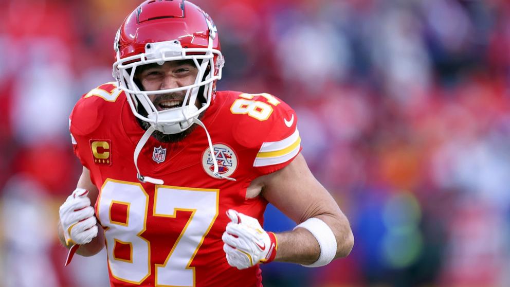 PHOTO: Travis Kelce of the Kansas City Chiefs reacts prior to the AFC Championship Game against the Buffalo Bills at GEHA Field at Arrowhead Stadium on Jan. 26, 2025 in Kansas City.