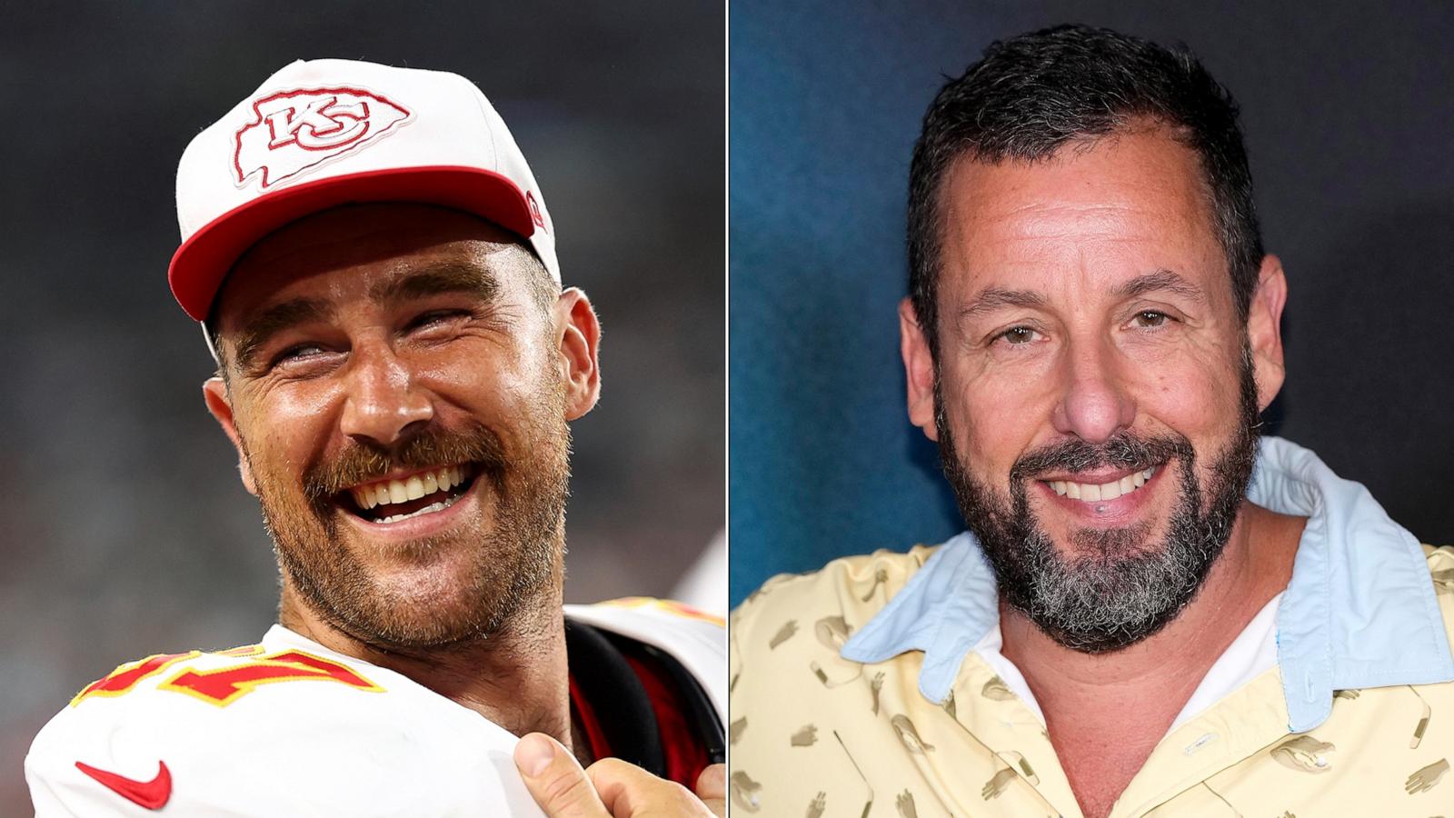 PHOTO: Travis Kelce of the Kansas City Chiefs smiles during a game against the Jacksonville Jaguars, on Aug. 10, 2024, in Jacksonville, Fla. | Adam Sandler attends the "Adam Sandler: Love You" premiere, on Aug. 20, 2024, in New York.