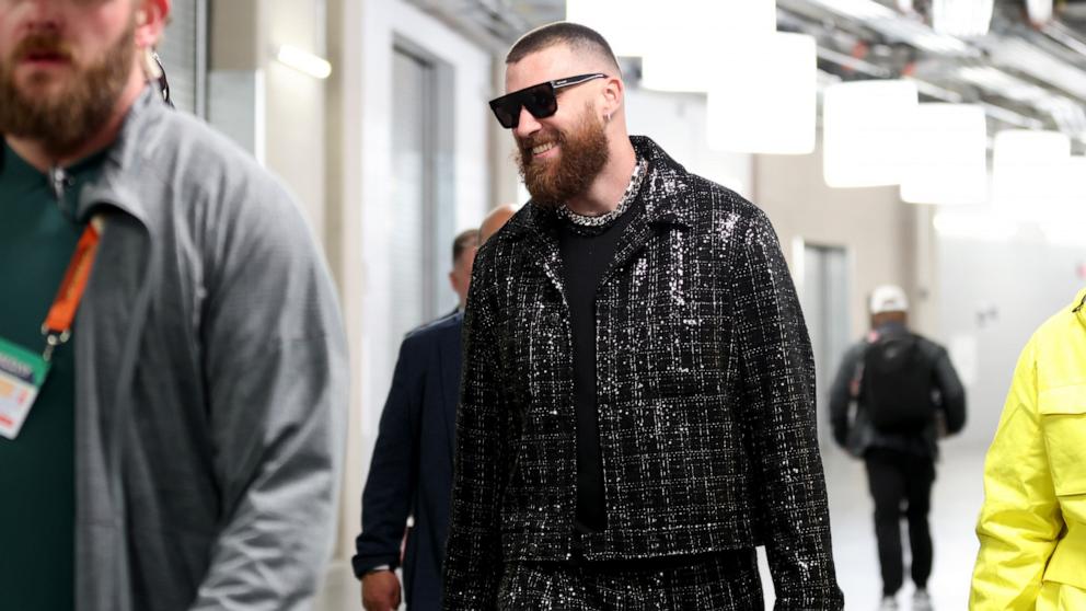 PHOTO: Travis Kelce of the Kansas City Chiefs walks through the tunnel as he leaves the stadium after defeating the San Francisco 49ers 25-22 in overtime during Super Bowl LVIII at Allegiant Stadium Feb. 11, 2024 in Las Vegas, Nevada.