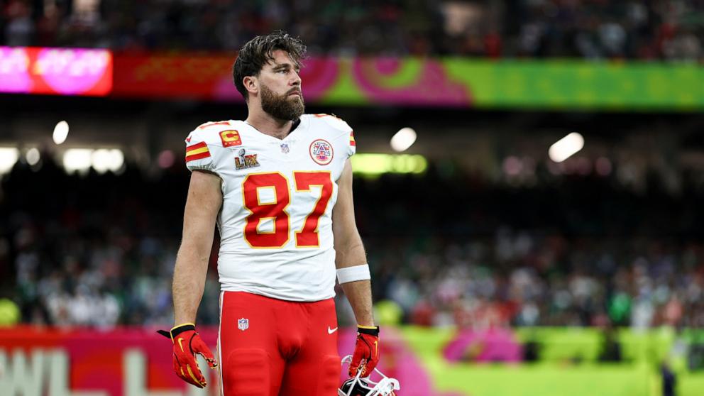 PHOTO: Travis Kelce #87 of the Kansas City Chiefs reacts on the field before Super Bowl LIX at Caesars Superdome on February 9, 2025 in New Orleans, Louisiana.