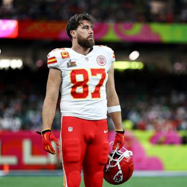 PHOTO: Travis Kelce #87 of the Kansas City Chiefs reacts on the field before Super Bowl LIX at Caesars Superdome on February 9, 2025 in New Orleans, Louisiana.