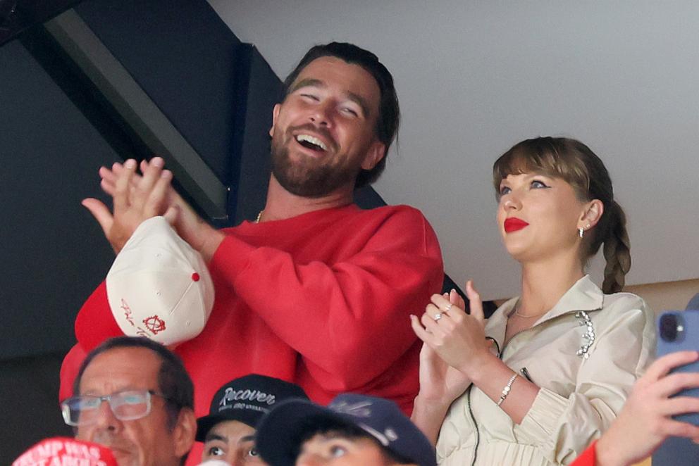 PHOTO: Travis Kelce, left, and Taylor Swift react as the Edmonton Oilers and the Florida Panthers play during the first period in Game Four of the 2025 Stanley Cup Final at Amerant Bank Arena, on June 12, 2025, in Sunrise, Fla.