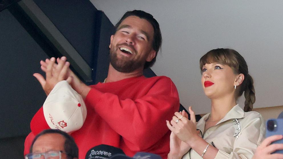 PHOTO: Travis Kelce, left, and Taylor Swift react as the Edmonton Oilers and the Florida Panthers play during the first period in Game Four of the 2025 Stanley Cup Final at Amerant Bank Arena, on June 12, 2025, in Sunrise, Fla.