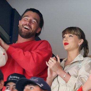 PHOTO: Travis Kelce, left, and Taylor Swift react as the Edmonton Oilers and the Florida Panthers play during the first period in Game Four of the 2025 Stanley Cup Final at Amerant Bank Arena, on June 12, 2025, in Sunrise, Fla.