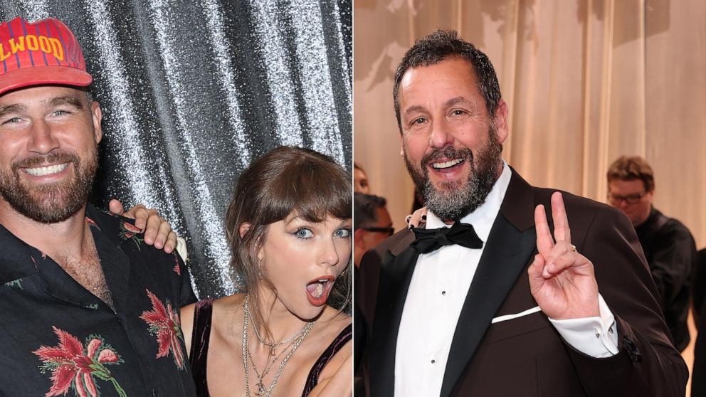 PHOTO: Travis Kelce and Taylor Swift are shown in New York, on June 13, 2026. | Adam Sandler attends an event on Jan. 11, 2026, in Beverly Hills, Calif.