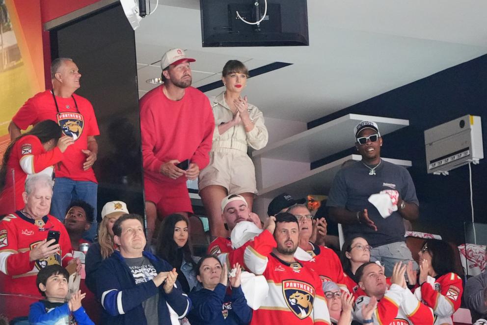 PHOTO: NFL player Travis Kelce and singer Taylor Swift are seen during the first period of Game Four of the 2025 Stanley Cup Final between the Edmonton Oilers and the Florida Panthers at Amerant Bank Arena, on June 12, 2025, in Sunrise, Fla.
