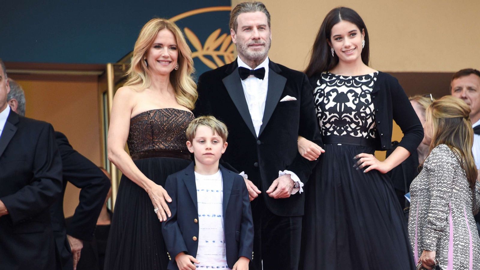 PHOTO: Kelly Preston and John Travolta pose with their children Ella Bleu Travolta, left, and Benjamin Travolta, May 15, 2018, Cannes, France.