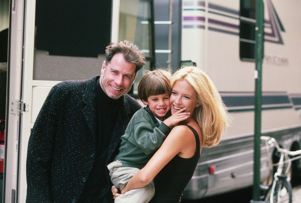 PHOTO: Actress Kelly Preston gets a visit from husband John Travolta and son Jett while on location filming the 1997 motion picture "Addicted to Love."