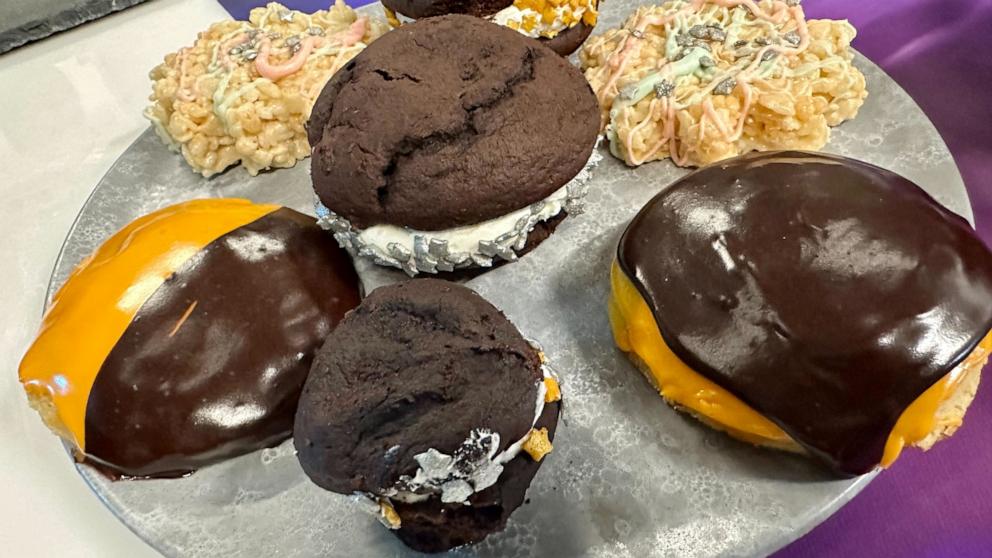 PHOTO: Chef Judy Joo created these out-of-this-world treats, including spacey Rice Krispies treats and eclipse chocolate moon pies and more for "Good Morning America," on April 8, 2024.