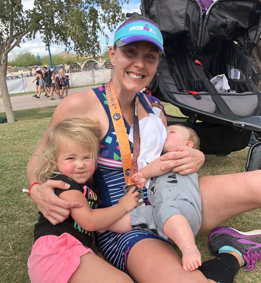 PHOTO: Jaime Sloan poses with her two children after finishing the Ironman 70.3 in Tempe, Arizona.