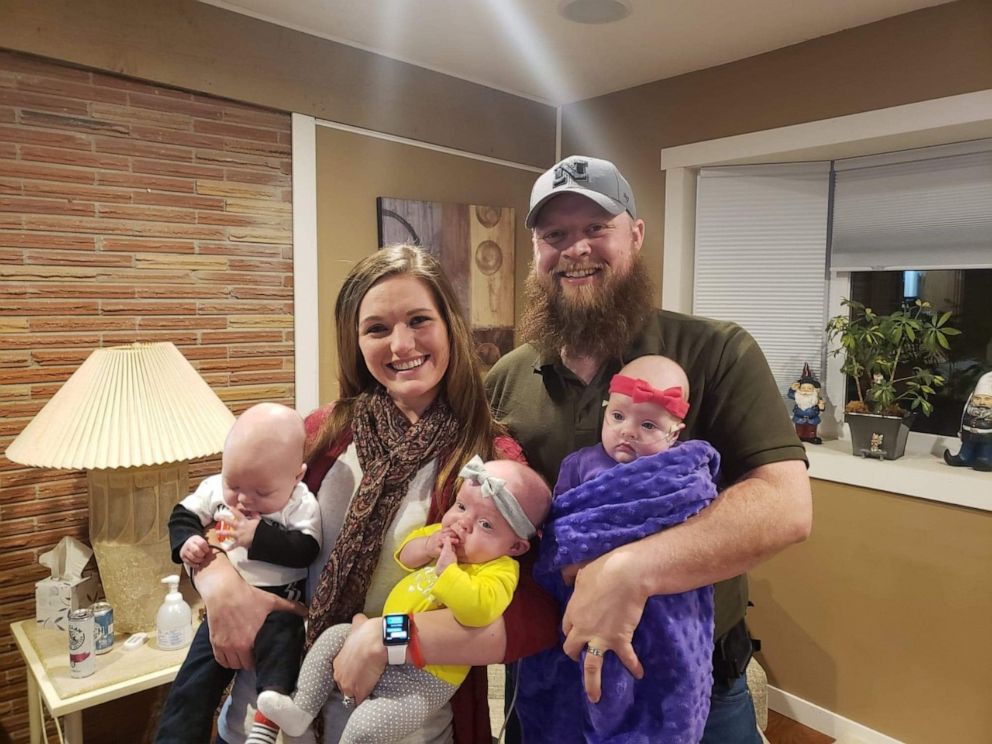 PHOTO: Aerol and Christy Peterson of Lincoln, Nebraska, are seen in a recent photo with their triplets, Natashia, Arya and Trae, 7 months.