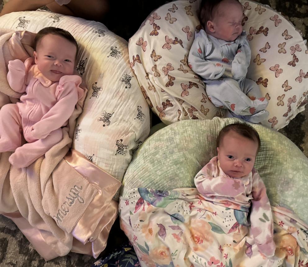 PHOTO: Brittany and Josh Ingram are parents to identical triplets Emersyn Claire, Adalyn Renae, and Layla Michele.