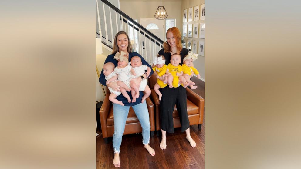 PHOTO: Amber Rodriguez and Mandi Oldani met after they both welcomed triplets at Resolute Baptist Hospital in New Braunfels, Texas.