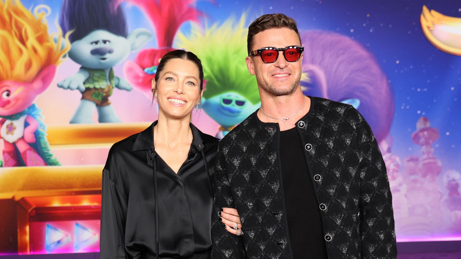 PHOTO: Jessica Biel, left, and Justin Timberlake attend the special screening of Universal Pictures' "Trolls: Band Together" at TCL Chinese Theatre, Nov. 15, 2023, in Hollywood, Calif.