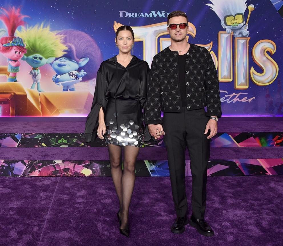 PHOTO: Jessica Biel and Justin Timberlake attend a special screening of Universal Pictures' "Trolls: Band Together" at TCL Chinese Theatre, Nov. 15, 2023, in Hollywood, Calif. 