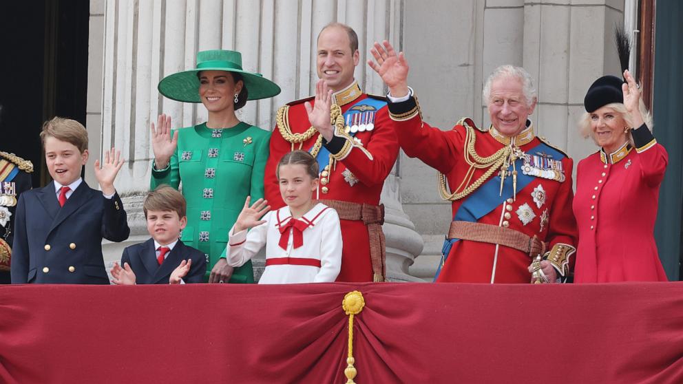 PHOTO: Prince George, Prince Louis, Princess Charlotte, Catherine, Princess of Wales, Prince William, Prince of Wales, King Charles III and Queen Camilla stand on the balcony of Buckingham Palace during the Trooping the Color, June 17, 2023, in London.