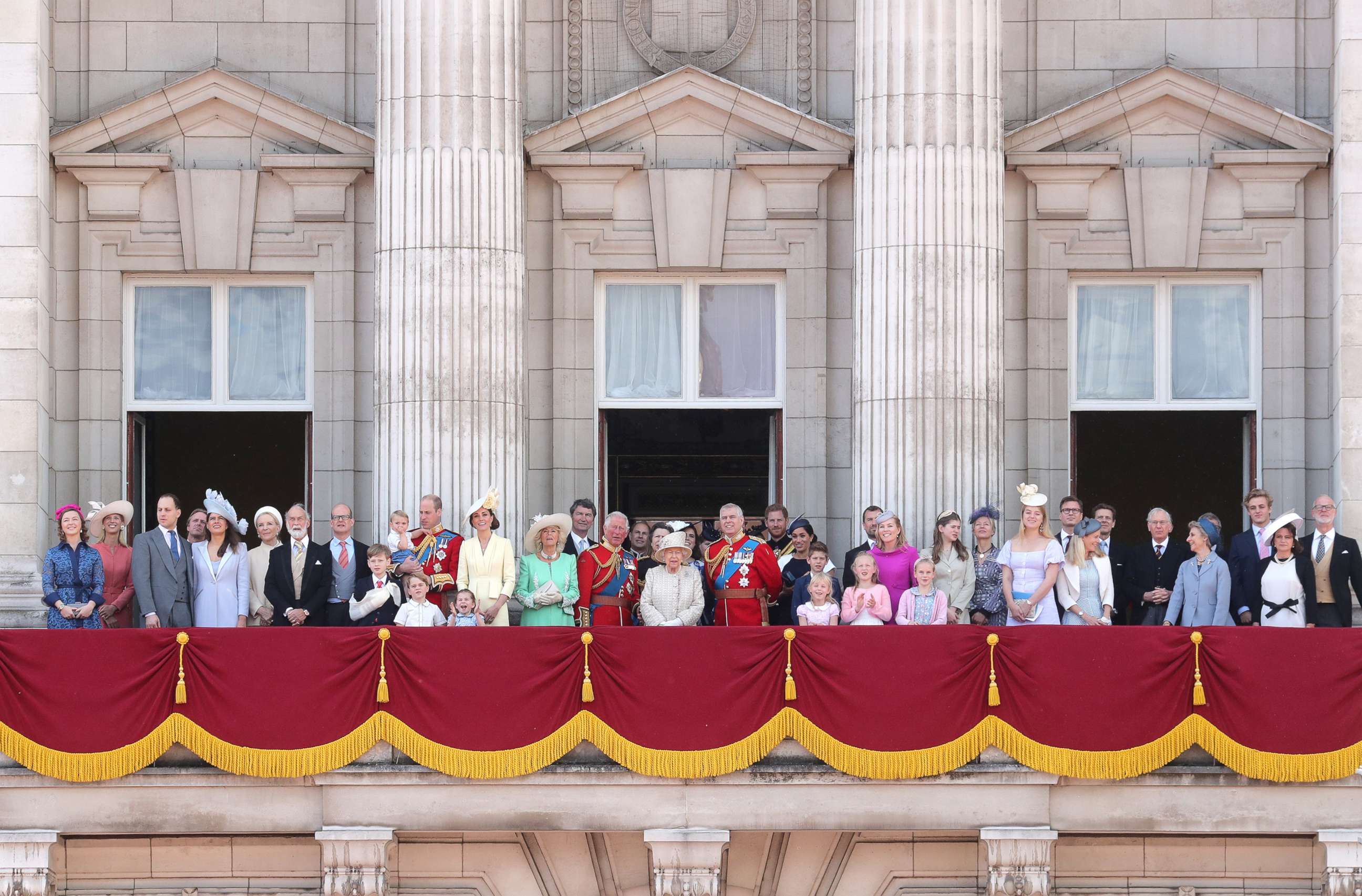PHOTO: Members of the Royal Family stand on the balcony of Buckingham Palace to watch a fly-past of aircraft by the Royal Air Force during Trooping The Colour, the Queen's annual birthday parade, on June 08, 2019, in London.