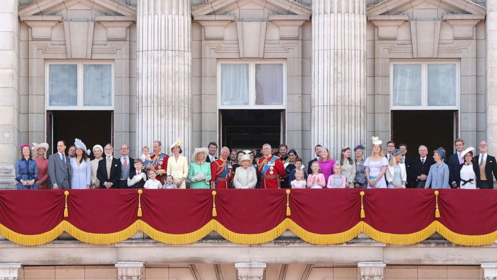 PHOTO: Members of the Royal Family stand on the balcony of Buckingham Palace to watch a fly-past of aircraft by the Royal Air Force during Trooping The Colour, the Queen's annual birthday parade, on June 8, 2019, in London.