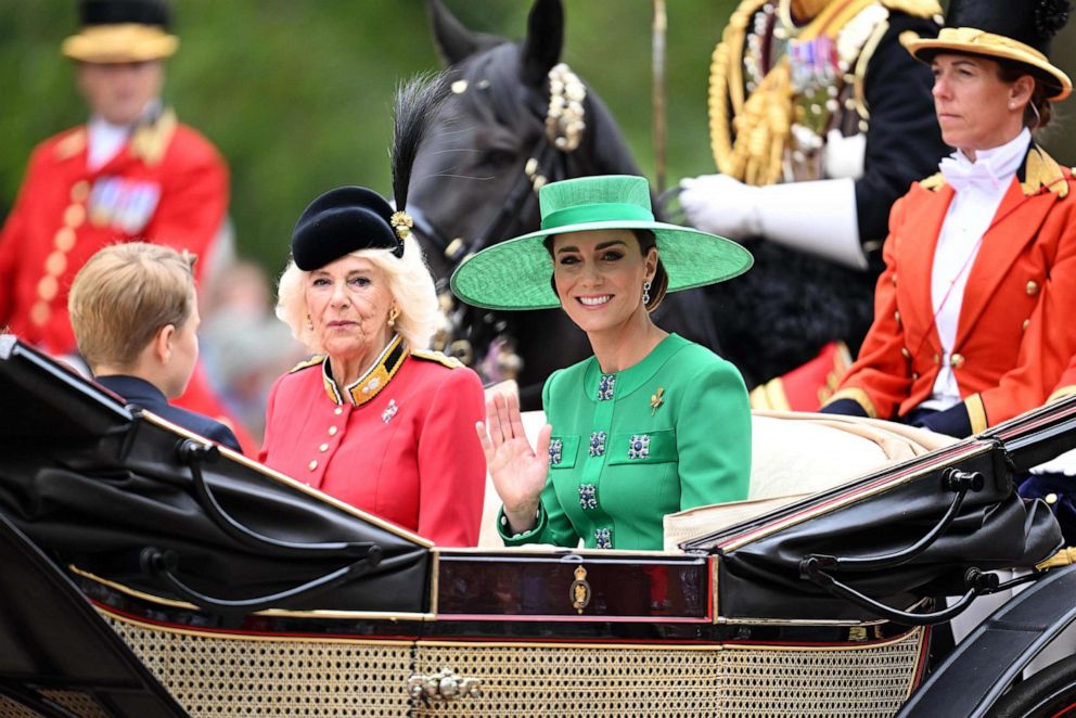 PHOTO: Queen Camilla and Catherine Princess of Wales ride in a carriage during Trooping the Colour, in London, on June 17, 2023.