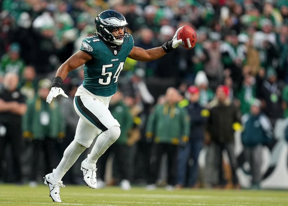 PHOTO: Jeremiah Trotter Jr. #54 of the Philadelphia Eagles reacts after recovering a fumble in the first quarter against the Green Bay Packers during the NFC Wild Card Playoff at Lincoln Financial Field on January 12, 2025 in Philadelphia, Pennsylvania.