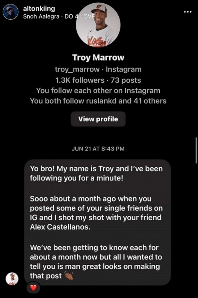 PHOTO: Alex Castellanos said out of all the people who followed her on Instagram after Alton Kiing shared his Instagram story, Troy Marrow's Instagram profile and message stood out to her the most.