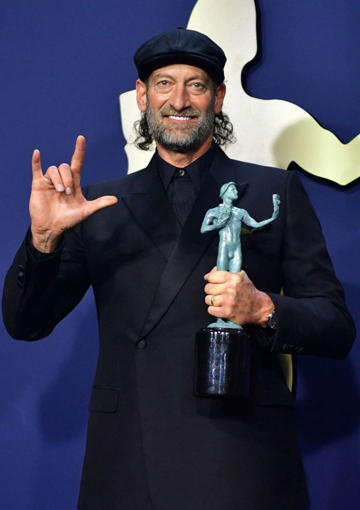 PHOTO: Troy Kotsur poses with his award for Outstanding Performance by a Male Actor in a Supporting Role for for his performance in CODA, during the 28th Annual Screen Actors Guild Awards in Santa Monica, Calif., on Feb. 27, 2022.