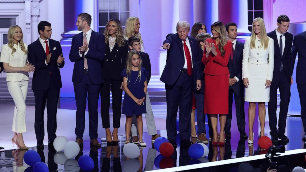 PHOTO: Republican presidential nominee and former President Donald Trump is joined on stage by his wife Melania and other relatives after he finished giving his acceptance speech on Day 4 of the Republican National Convention in Milwaukee, July 18, 2024. 