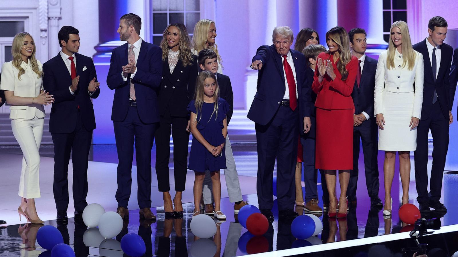 PHOTO: Republican presidential nominee and former President Donald Trump is joined on stage by his wife Melania and other relatives after he finished giving his acceptance speech on Day 4 of the Republican National Convention in Milwaukee, July 18, 2024.