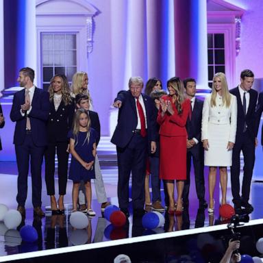 PHOTO: Republican presidential nominee and former President Donald Trump is joined on stage by his wife Melania and other relatives after he finished giving his acceptance speech on Day 4 of the Republican National Convention in Milwaukee, July 18, 2024. 