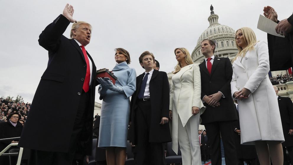 PHOTO: In this Jan. 20, 2017 file photo President-elect Donald Trump, left, takes the oath of office as First lady-elect Melania Trump and family stand during the 58th presidential inauguration in Washington, D.C.