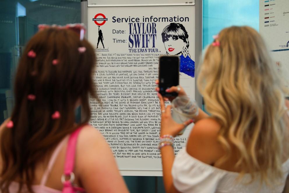 PHOTO: Taylor Swift fans, also known as "Swifties", arrive at Wembley Stadium ahead of her opening night performance in the capital, on June 21, 2024, in London.