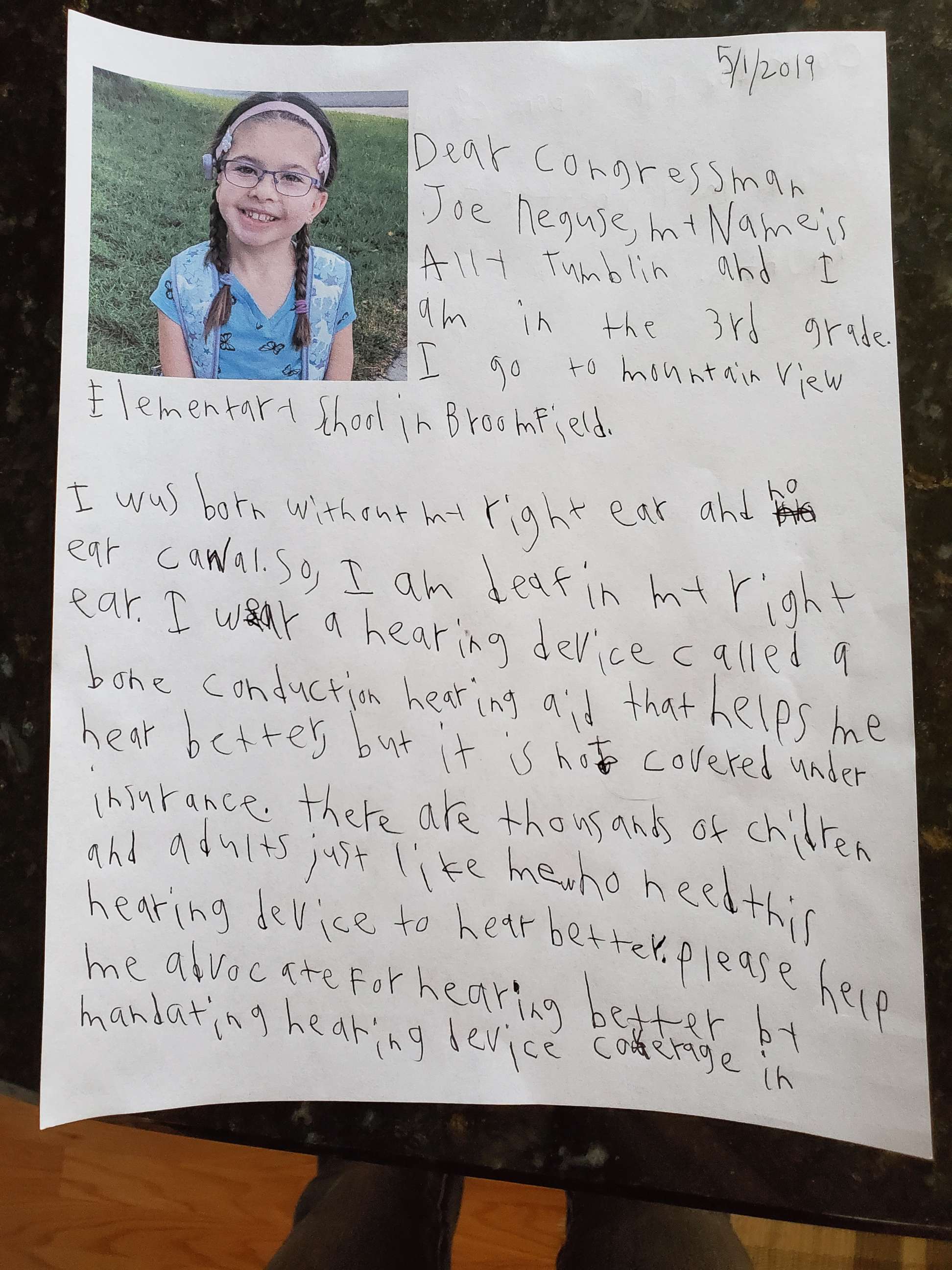 PHOTO: A letter that Ally Tumblin wrote to her local congressman inspired legislation for people with hearing loss.