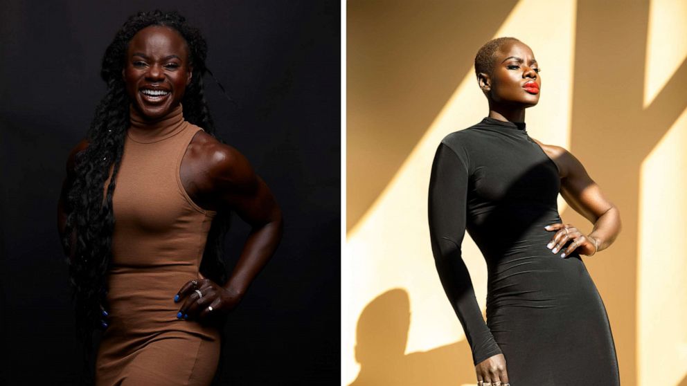 PHOTO: Peloton cycling instructor Tunde Oyeneyin is pictured before and after she buzzed all her hair off during Women's History Month.