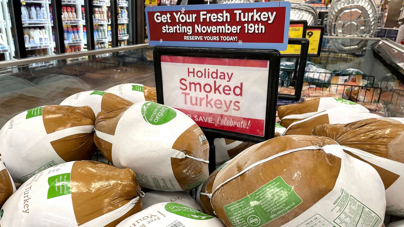 PHOTO: In this Nov. 11, 2021 file photo turkeys are displayed for sale in a grocery store ahead of the Thanksgiving holiday in Los Angeles.
