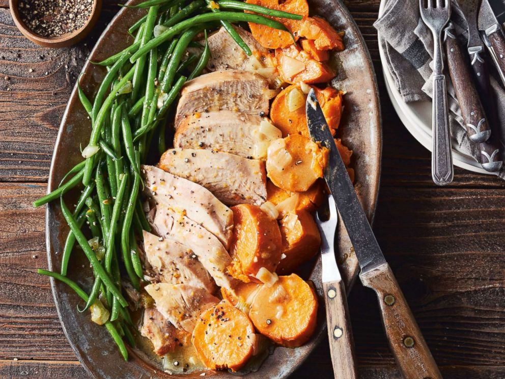 PHOTO: Turkey breast with sweet potatoes, green beans and gravy are pictured from the cookbook Skinnytaste One & Done by Gina Homolka.