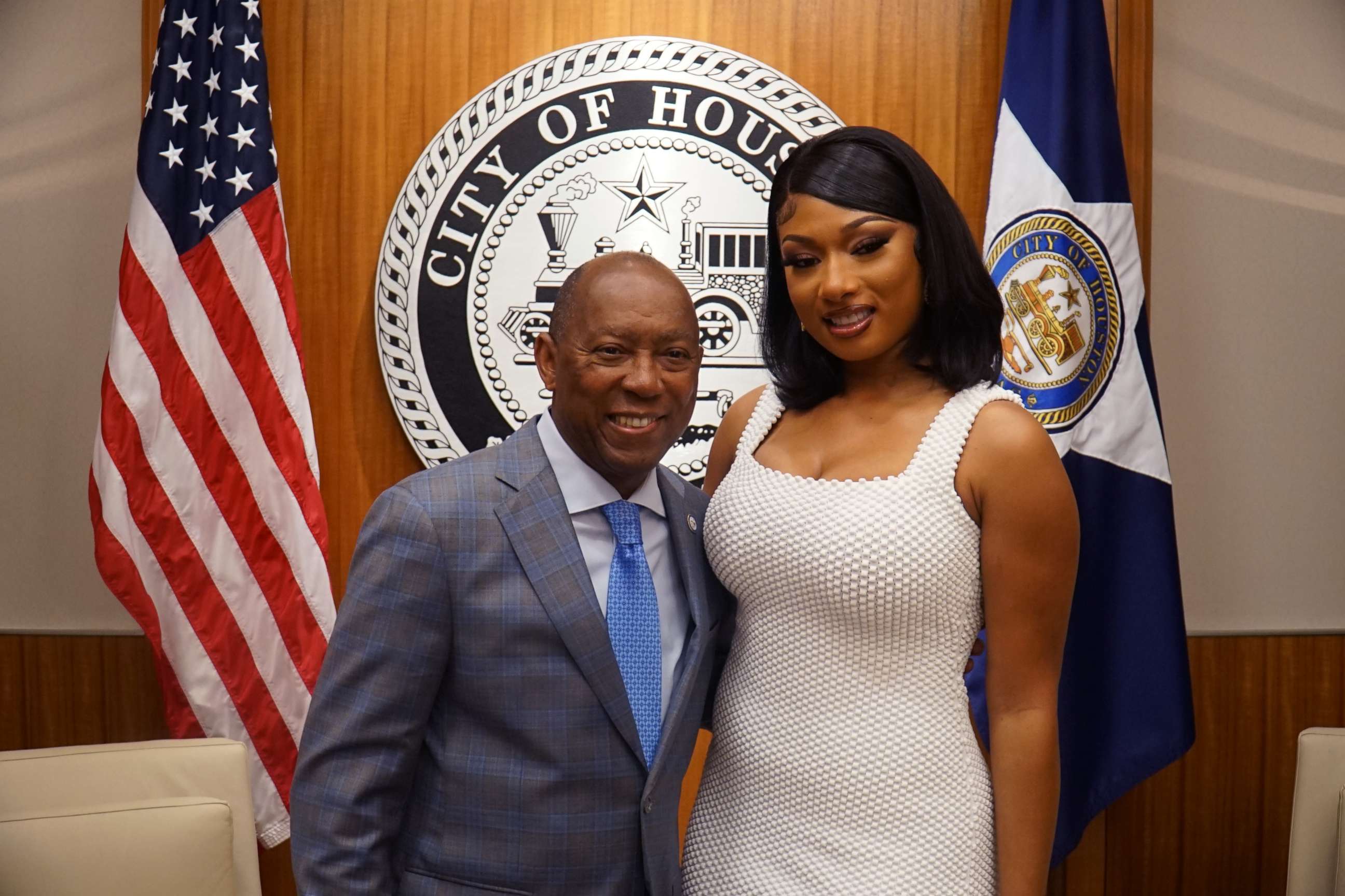 PHOTO: Houston Mayor Sylvester Turner tweeted this photo, May 2, 2022, celebrating the philanthropic contributions of Megan Thee Stallion and declared May 2 Megan Thee Stallion Day. 