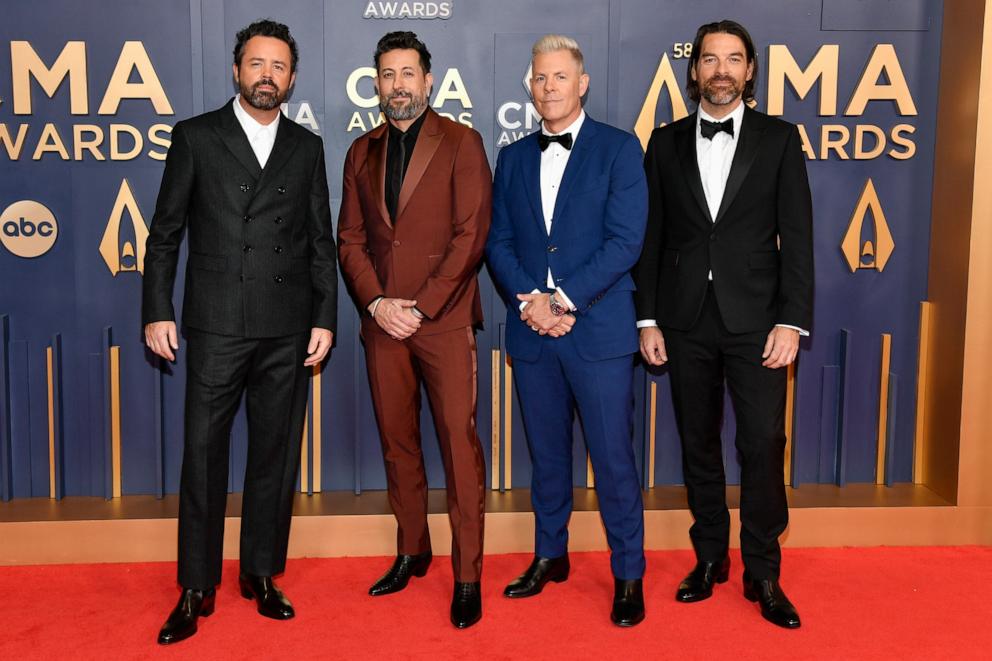 PHOTO: Brad Tursi, from left, Matthew Ramsey, Trevor Rosen and Geoff Sprung, of Old Dominion" arrive at the 58th Annual CMA Awards, Nov. 20, 2024, in Nashville, Tenn. 