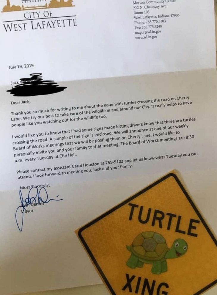 PHOTO: Jack Wietbrock, 8, wrote the letter to his mayor after saving a baby turtle crossing the road in his Indiana neighborhood.