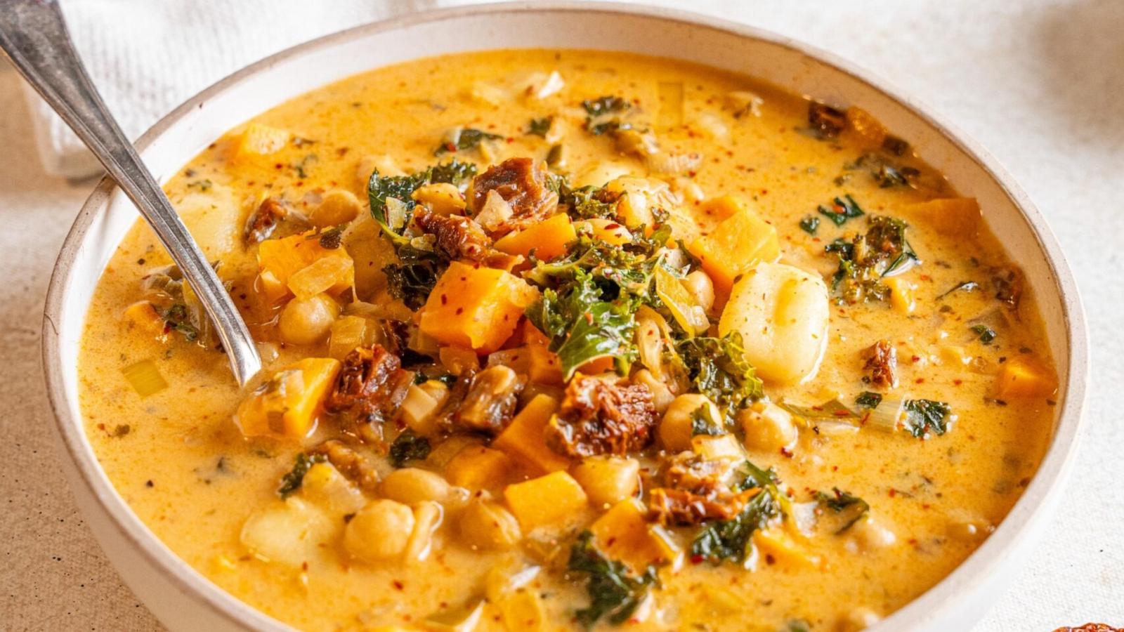 PHOTO: A bowl of vegetable Tuscan soup.