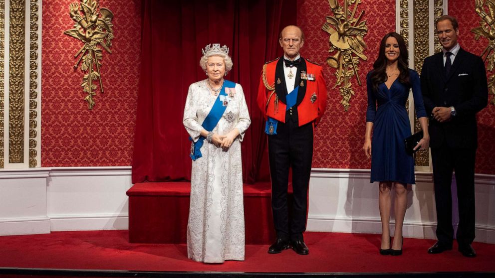 PHOTO: The empty space after the figures of Britain's Prince Harry and Meghan, Duchess of Sussex, were removed next to Queen Elizabeth II, Prince Philip and Prince William and Kate, Duchess of Cambridge, at Madame Tussauds in London, Jan. 9, 2020.