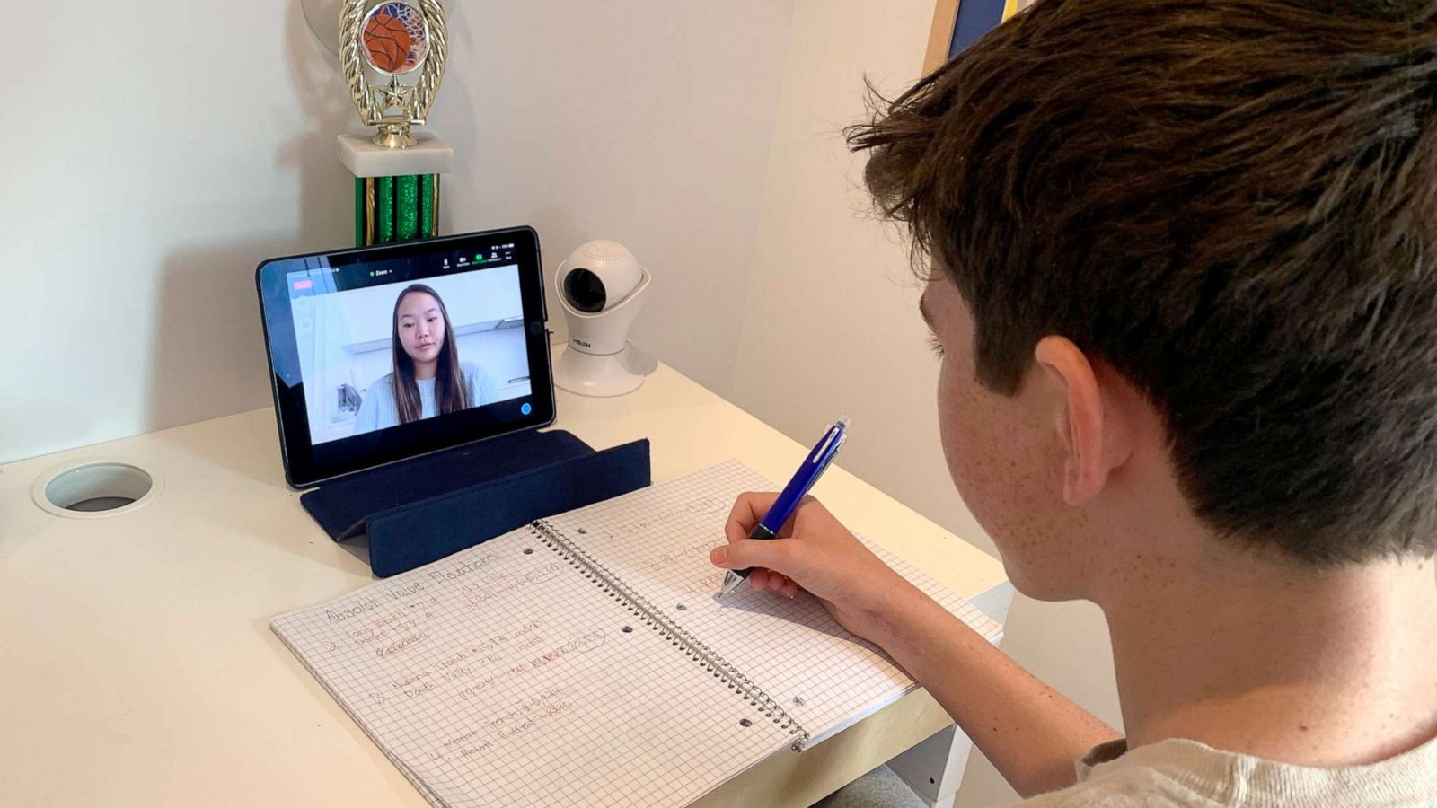 PHOTO: A student sits for a lesson hosted by Project Matriarchs, a service that offers virtual tutoring and child care support, with a focus on helping working mothers amid the pandemic.