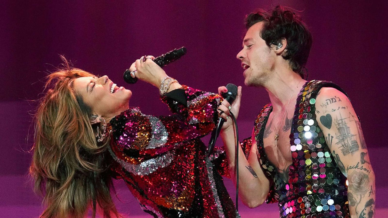 PHOTO: Shania Twain and Harry Styles perform onstage at the Coachella Stage during the 2022 Coachella Valley Music And Arts Festival on April 15, 2022 in Indio, Calif.