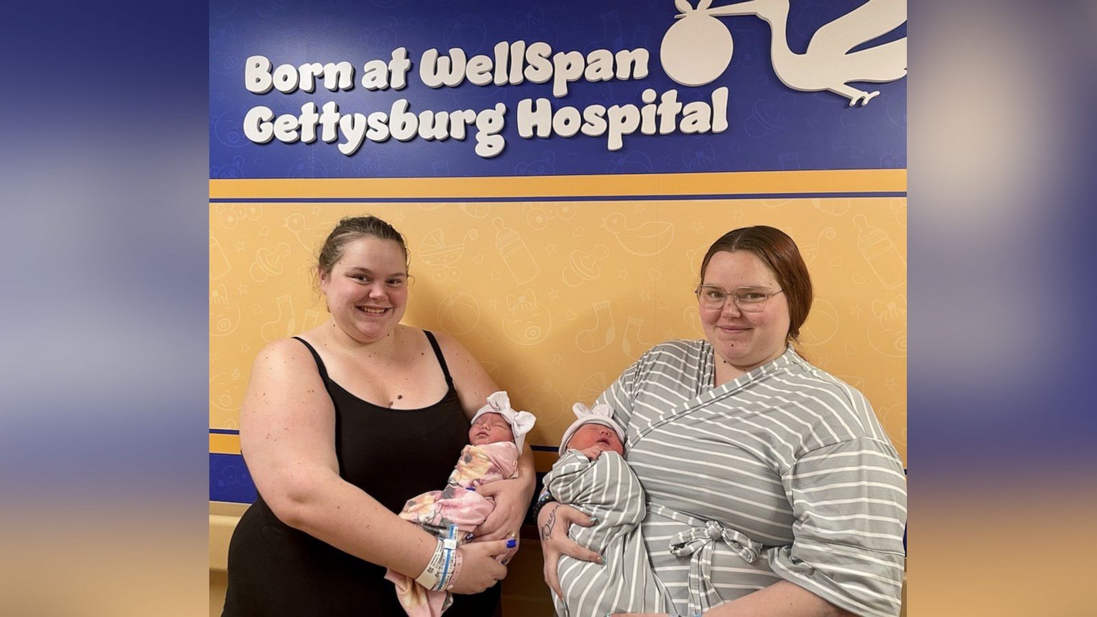 PHOTO: Twin sisters Tina Keefer and Rebecca Lawrence hold their newborn babies, who were born on the same day.