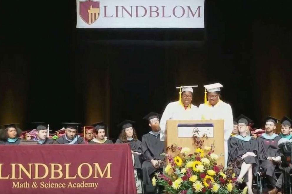 PHOTO: Tia and Tyra Smith accepted the highest academic title of valedictorians at Lindblom Math and Science Academy in West Englewood, Ill., June 8, 2019.