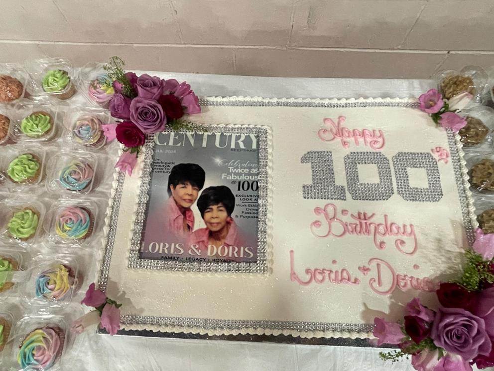 PHOTO: Twin sisters Doris Ward and Loris Pryor had a special custom birthday cake for their 100th birthday party on July 13. The siblings turned 100 on July 17, 2024.