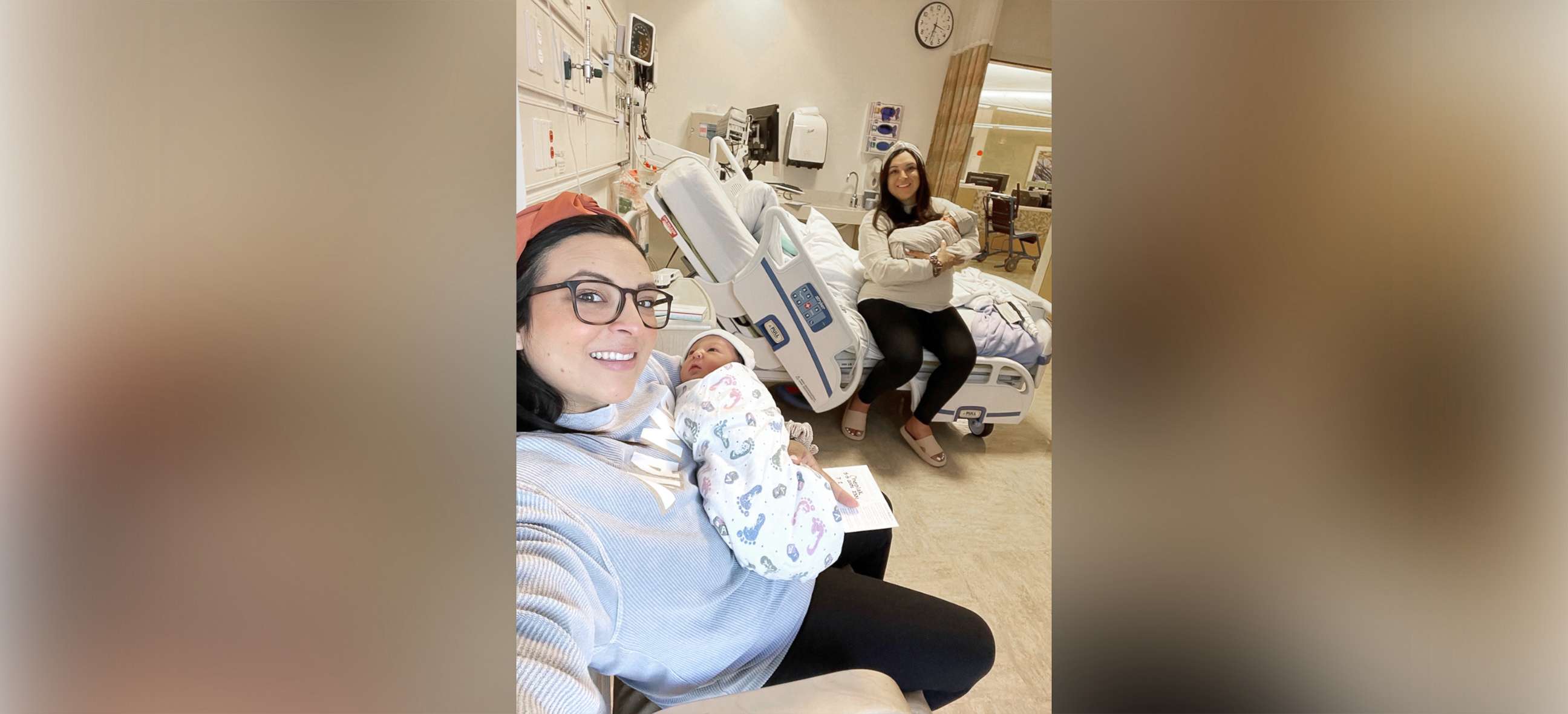 PHOTO: Twin sisters Jill Justiniani and Erin Cheplak hold their sons, who were born on the same day in the same hospital in California.