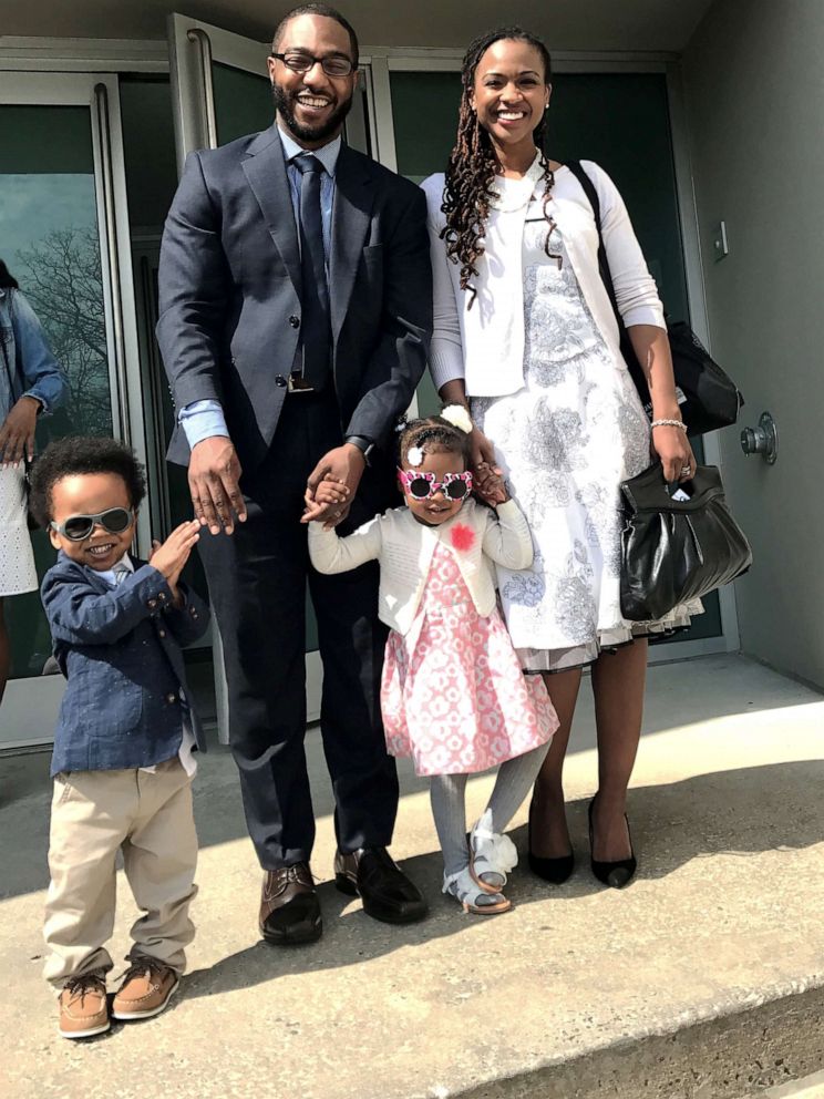 PHOTO: Alia and Chris McCants , of New York, pose with their twins, Aria and Carter.